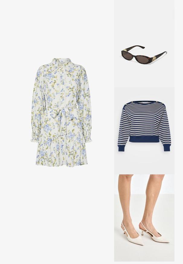 Sudadera corta de rayas en azul marino y crema, con acentos de botones dorados en el hombro, puños acanalados y dobladillo. Fabricada en un tejido suave.; Vestido floral en blanco con flores azules y verdes, con cuello, cierre frontal de botones, mangas largas con puños elásticos y cinturón a la cintura.; Tacones slingback de charol beige con punta afilada y un tacón de 5 cm, con lados recortados y una delgada correa en el tobillo.; Gafas de sol carey con lentes ovalados alargados, tintado marrón, acentos de logo dorado en las patillas y brazos negros elegantes.; Bolso de mano beige con un patrón y forma curva, acentos de cuero y un logo tono dorado en la parte frontal. Cuenta con un asa corta para un fácil transporte.; Collar de perlas y cristales con un diseño redondo y abalorado en tonos suaves, que presenta perlas alternadas y acentos brillantes, llevado alrededor del cuello.