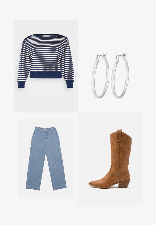 Felpa cropped a righe blu marino e crema con bottoni dorati decorativi sulle spalle, polsini e orlo a coste. Realizzata in un tessuto morbido.; Jeans in denim blu chiaro a gamba larga. Presentano una vita alta, chiusura con bottone e cuciture in vista. Non sono visibili tasche sul davanti.; Stivale cowboy in pelle marrone chiaro con punta affusolata, modelli ricamati a spirale sull'asta e tacco a blocco impilato. Presenta una linguetta per una facile calzata.; Orecchini a cerchio in argento con una finitura liscia e lucida. Forma rotonda e chiusura a scatto sicura. Design leggero adatto per l'uso quotidiano.