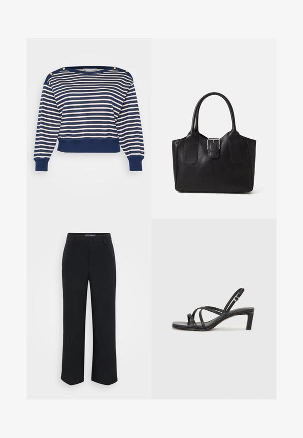 Navy and cream striped cropped sweatshirt with gold button accents on the shoulder, ribbed cuffs, and hem. Made from soft fabric.; Black wide-leg trousers with a smooth texture, featuring a flat waistband and side pockets, designed with a minimalist aesthetic.; Black strappy sandal with a square toe and a low block heel. Features multiple thin straps and an adjustable ankle strap. Made of smooth leather.; Black leather tote bag with smooth texture, structured shape, two handles, and a prominent silver buckle detail on the front.