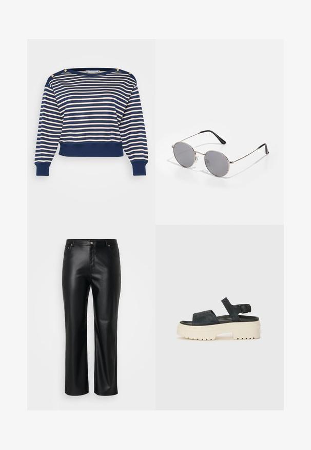 Námořnicky modrý a krémový pruhovaný zkrácený svetr s akcenty zlatých knoflíků na rameni, se žebrovanými manžetami a lemem. Vyrobeno z měkké tkaniny.; Černé kalhoty z umělé kůže se rovný střih, s poutek na opasek, předními kapsami a zipem s knoflíkovým zapínáním. Hladký materiál.; Černé semišové platformové sandály s robustní bílou podrážkou, širokým předním páskem a nastavitelným řemínkem kolem kotníku. Texturovaná podrážka pro lepší grip.; Kulaté sluneční brýle s tmavě šedými čočkami, tenkým stříbrným kovovým rámem a černými gumovými konci stranic. Jednoduchý design bez vzorů nebo akcentů.