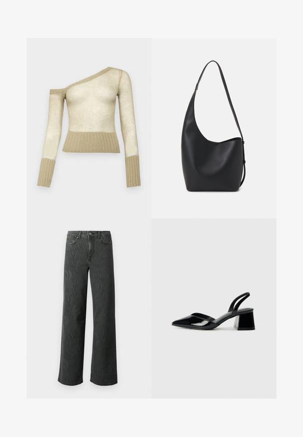 Beige, off-shoulder pulóver hosszú bordázott ujjakkal. Strukturált kötött anyag, testhezálló fazon, színátmenet világosból sötét bézsbe a szegélyen.; Sötét szürke denim széles lábú farmer, diszkrét zebra mintás textúrával, kontrasztos varrással és öt zsebes kialakítással, gombos zipzárral.; Fekete lakk bőr szandálkés magas sarkú cipő, hegyes orral és geometrikus tömbsarkakkal. Karcsú, minimalista dizájn és sima textúra jellemzi.; Fekete bőr hobo táska sima textúrával, ívelt formával és egyetlen állítható pánttal; széles nyílás található a tetején.
