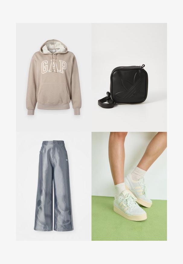 GAP HERITAGE - Collegepaita - quail shine; Housut leveillä lahkeilla kiiltävässä harmaassa materiaalissa, valkoisilla sivuviivoilla ja liekkikuvioilla alaosassa. Napin ja vetskarin suljenta vyötäröllä.; Vaaleanvihreät tennarit, joissa on tekstuuripinta, kolme valkoista raitaa, vaalea kumipohja ja nauhakiinnitys. Yhdistetty vaaleisiin sukkiin.; Mustikka neliö muotoinen olkalaukku, joka on valmistettu teksturoidusta synteettisestä materiaalista. Varustettu kohotetulla logolla ja säädettävällä hihnalla. Vetoketjukiinnitys.