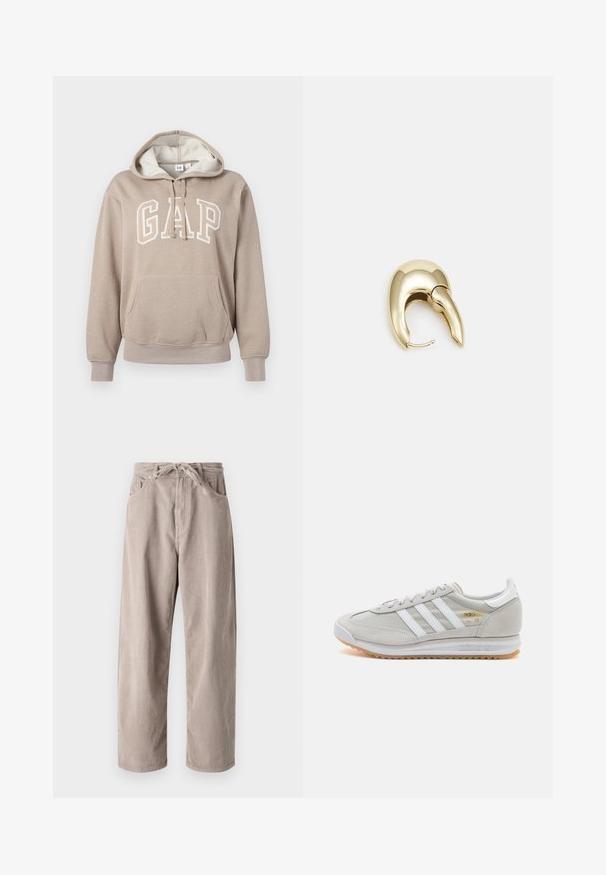GAP HERITAGE - Sweatshirt - quail shine; Beige corduroy trousers with a loose fit, featuring a drawstring waist, two front pockets, and vertical ribbed texture.; Light grey sneaker made of suede and mesh, featuring three white stripes, round toe, and a gum rubber sole. Gold logo accent near laces.; Gold-tone metal earring with a sleek, curved design. Features a distinctive pointed shape, polished surface, and hinge closure.