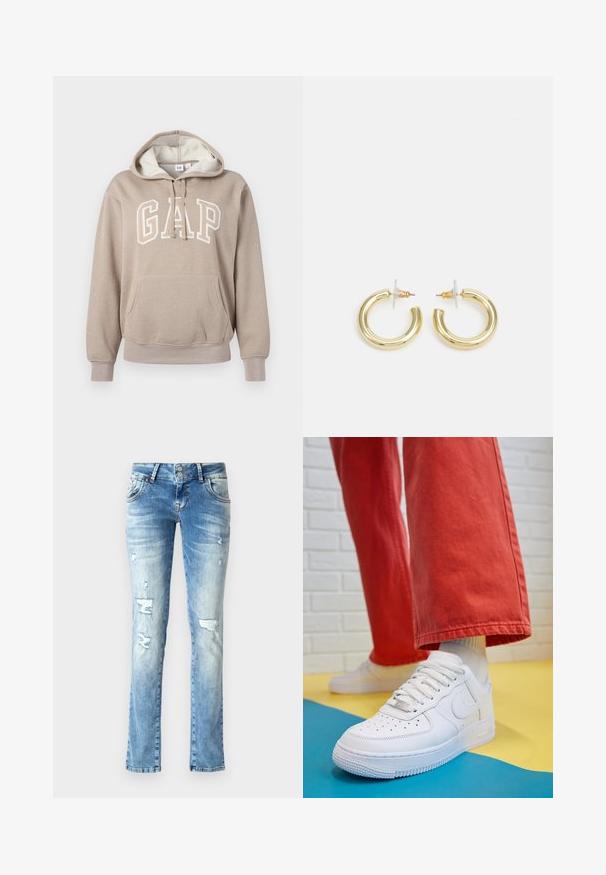 GAP HERITAGE - Mikina - quail shine; Světle modré džíny s volným střihem, které mají oprané detaily, zapínání na knoflíky se dvěma knoflíky a rovné nohavice.; Bílé kožené tenisky s perforovanou špičkou, texturovanou podešví a bílými tkaničkami, v kombinaci s širokými červenými kalhotami a modro-žlutým pozadím.; Zlaté kruhové náušnice s hladkým, lesklým povrchem. Kruhový design s malým kolíčkem a průhledným záznamem pro bezpečné nošení.