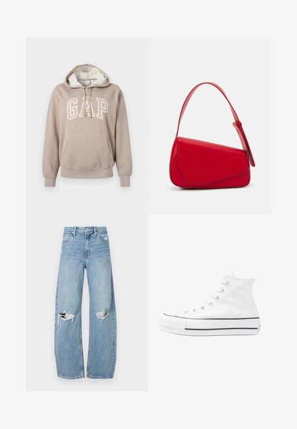 GAP HERITAGE - Sweatshirt - quail shine; Lyseblå høytlivsjeans laget av denim. Har vide bein, to revne knær og klassisk fem-lommers design.; Hvit høy-skinn kanvas sneakers med svart gummisåle, gummitåhette foran og seks hull for snorer, med et rent, minimalistisk design.; Rød lærveske med en vinklet, geometrisk design. Har en enkelt justerbar stropp og en klaffelukking med sydd detaljer.