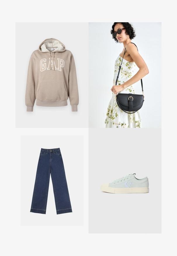 GAP HERITAGE beżowy; Jeans o szerokich nogawkach w ciemnoniebieskim dżinsie. Posiada pięć kieszeni, szlufki na pasek oraz surowy dół z widocznymi detalami szwów.; Jasno miętowe trampki z płótna z gumowym noskiem, białym logo w kształcie gwiazdy i kremową gumową podeszwą. Posiadają klasyczny design na sznurowadła.; Czarna skórzana torebka o zakrzywionym kształcie, z odpinanym paskiem i złotymi akcentami. Torebka posiada klapę z zapięciem w kształcie klamry.
