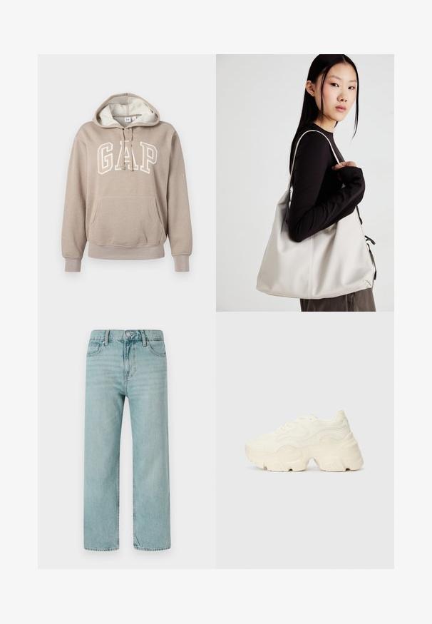 GAP HERITAGE - Bluză de molton - quail shine; Jeans largi de culoare albastru deschis, fabricate din denim, prezentând un design clasic cu cinci buzunare, linii curate și o talie regulată cu închidere prin buton.; Tenisi albi voluminoși, fabricați din plasă texturată și materiale sintetice, cu o talpă groasă și detalii de model intricate pe laturi.; Geantă bej din material moale, cu un design lejer, detalii cusute și două bretele pentru umăr. Potrivită pentru utilizarea zilnică.