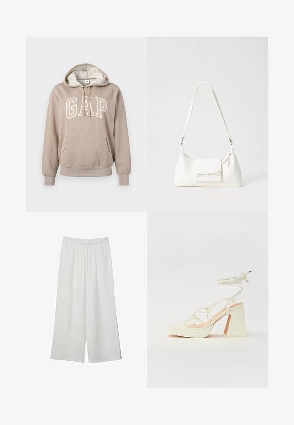 GAP HERITAGE - Sweatshirt - quail shine; Weiße, weit geschnittene Hosen aus leichtem Stoff, mit einem elastischen Bund und einem Zugband für eine verstellbare Passform. Glatte Textur.; Weiße High-Heel-Sandale mit einem klobigen Absatz, die über ein Riemchendesign und ein Knöchelband verfügt. Glatte Textur mit einer Plattform vorne für zusätzliche Höhe.; Weiße synthetische Handtasche in dreieckiger Form, flache Vorderklappe und Schleifendetail, verstellbarer Trageriemen, glatte Textur und minimalistisches Design.