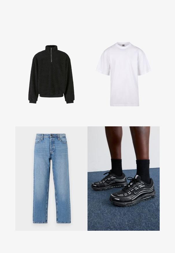 Pulover negru din fleece cu guler înalt, închidere cu jumătate de fermoar, material texturat și manșete și tiv ribbed. Design confortabil și casual.; Tricou alb din bumbac, cu guler rotund, mâneci scurte și croială lejeră. Dispune de un design simplu, fără modele sau accente.; Jeans din denim bleu deschis cu un design drept, având un sistem de închidere cu nasture și fermoar, stil cu cinci buzunare și o ușoară decolorare.; Pantofii negri Nike au un superior din plasă cu dungi accentuate, șireturi texturate și o talpă din cauciuc negru. Purtați cu șosete negre cu model rib.