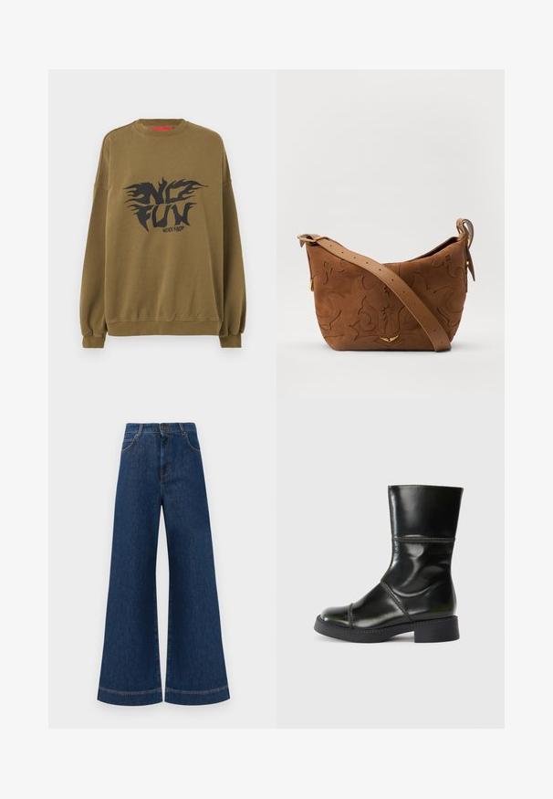 Felpa verde oliva con collo tondo, maniche lunghe e polsini a coste. Presenta un audace testo grafico nero e elementi fiammeggianti al centro.; Jeans in denim blu a gamba larga con vita alta, dotati di chiusura a bottone, passanti per cintura e dettagli di cucitura sottili lungo le tasche e i orli.; Stivaletto in vera pelle nera con punta tonda, finitura liscia, cuciture a contrasto e tacco a blocco, caratterizzato da una silhouette leggermente affusolata.; Borsa a spalla in suede marrone con design floreale impresso, completata da una morbida tracolla in pelle marrone e dettagli in metallo dorato.