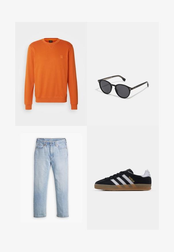 BOSS WESTART - Felpa - open orange; Jeans in denim blu chiaro con design a gamba dritta, stile a cinque tasche e cuciture a contrasto. Chiusura con bottone e zip in vita.; Sneaker in suede nera con strisce bianche, suola in gomma color beige e logo "Gazelle" dorato. Design classico a bassa altezza, con una parte superiore testurizzata.; BOSS Occhiali da sole - black