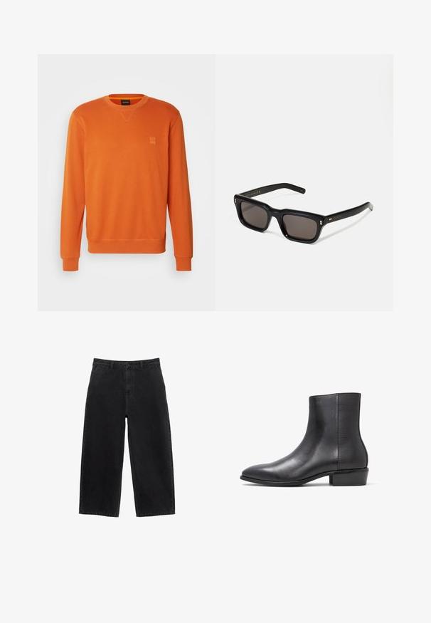 BOSS WESTART - Sportska majica - open orange; Crne traperice širokih nogavica visokog struka, s prednjim zatvaranjem na gumb i standardnim džepovima. Glatka tekstura i čiste linije.; ALDO PILLOWWALK+FLEX INSIDE ZIP AMUR - Klasične gležnjače - open black; Crne pravokutne sunčane naočale s tamnim lećama, debelim plastičnim okvirom, zlatnim akcentima na sljepoočnicama i logotipom marke ugraviranim na dršku.