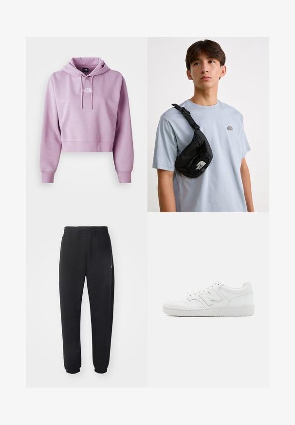 Skratená mikina vo svetlofialovej farbe, vyrobená z mäkkej tkaniny. Má predné vrecko a nastaviteľné šnúrky, s bielym logom na hrudi.; Čierne tepláky vyrobené z mäkkého materiálu s elastickým pásom, šnúrkou na stiahnutie a zúženými manžetami, s jemným logom na boku.; Biele tenisky vyrobené z hladkej kože, s perforovaným špičkou, textúrovanou gumovou podrážkou, plochými šnurkami a výrazným logom 'N' na boku.; Čierna nylonová crossbody taška s nastaviteľným popruhom, so zaslúženým bielym logom. Nosená cez svetlomodré tričko. Jednoduchý, funkčný dizajn.