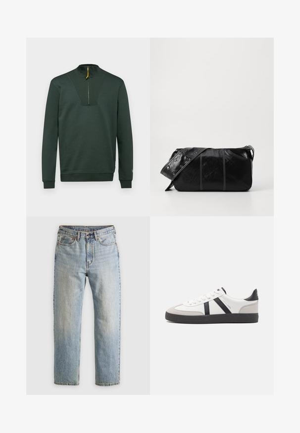 Tummanvihreä huppari, jossa on korkea kaulus, puolivetoketju keltaisella vetonauhalla sekä ribbed-yksityiskohdat rinnassa ja hihoissa. Sileä pinta.; Vaaleansininen farkut, joissa on korkea vyötärö, etunappi, vetoketju ja viisi taskua, asetettu tasaisesti neutraalille taustalle.; Valkoiset lenkkarit mustilla ja harmailla yksityiskohdilla, joissa on teksturoitu harmaa kärki, musta kumipohja ja litteät valkoiset nauhat. Siisti muotoilu, minimalistinen tyyli.; Mustakulmainen nahkainen olkalaukku, jossa on vetoketjukiinnitys, teksturoitu pinta, valkoiset ompeleet ja hihna, jossa on hopeiset niitit.