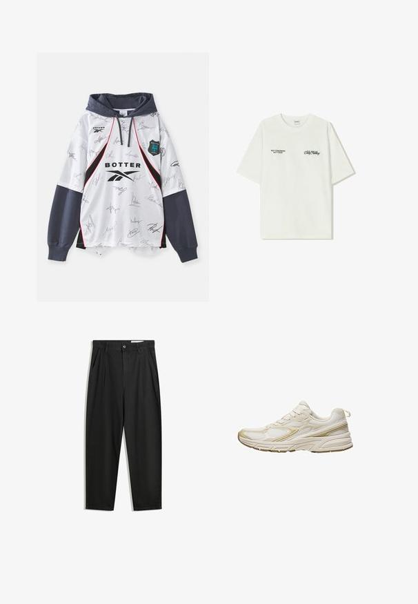 Hoodie bianco con un mix di firme, dettagli neri e rossi, e cappuccio grigio scuro. Realizzato in un tessuto leggero, con un design sportivo.; T-shirt bianco in cotone con maniche corte. La parte anteriore presenta testo nero: "NON DOMANI NON OGGI" e "L'ARTE DEL MUOVERE LA POLVERE" in corsivo verde.; Pantaloni in cotone neri con una vestibilità rilassata, dotati di una vita classica, pieghe frontali e tasche laterali. Tessuto liscio senza fantasie.; Scarpe sportive bianche realizzate in mesh e materiale sintetico, con punta rotonda, suola ammortizzata e accenti beige sui lati.