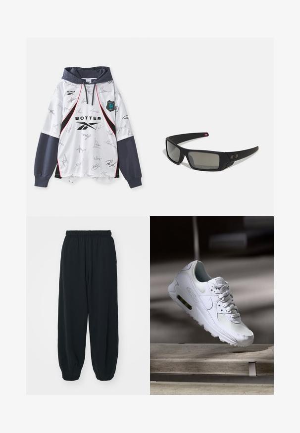 Fehér kapucnis pulóver, amelyen aláírások keveréke, fekete és piros részletek, valamint sötétszürke kapucni található. Könnyű anyagból készült, sportos dizájnnal.; Fekete, rugalmas derékpántos melegítőnadrág, laza fit, véget érő szárakkal, sima textúrával, látható minták vagy hardver díszek nélkül.; Fehér Nike Air Max 90 sneaker, amely hálós és bőr felsőrésszel, perforált orr-résszel és látható légpárnás egységgel rendelkezik a saroknál.; Fekete napszemüveg matt felülettel, téglalap alakú lencsékkel, enyhe ívvel a templomokon, diszkrét logó részlettel és füstszínű lencsékkel.