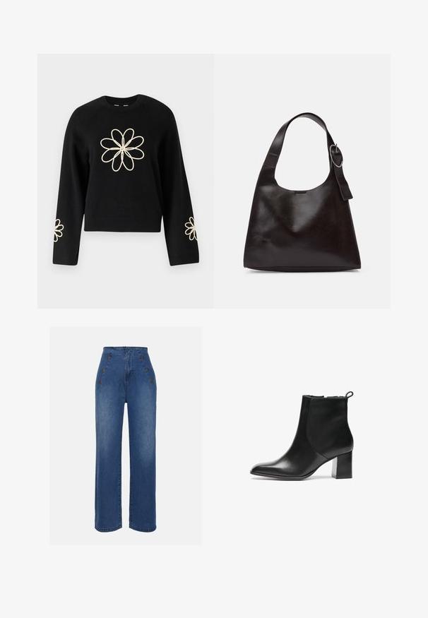 Pull noir à manches longues, équipé d'une grande broderie de fleurs crème sur la poitrine et de fleurs plus petites sur chaque manche. Texture douce.; Jeans en denim taille haute de couleur bleu moyen. Ils présentent des accents de boutons à l'avant et un design à jambes larges. Le tissu a une texture lisse avec un léger délavage.; Bottes noires en cuir à hauteur de cheville avec un bout arrondi, un talon bloc de hauteur moyenne et une languette à l'arrière. Texture lisse, design minimal.; Sac en cuir marron porté épaule avec une texture lisse, une forme arrondie, une large sangle et un accent métallique circulaire sur la poignée.
