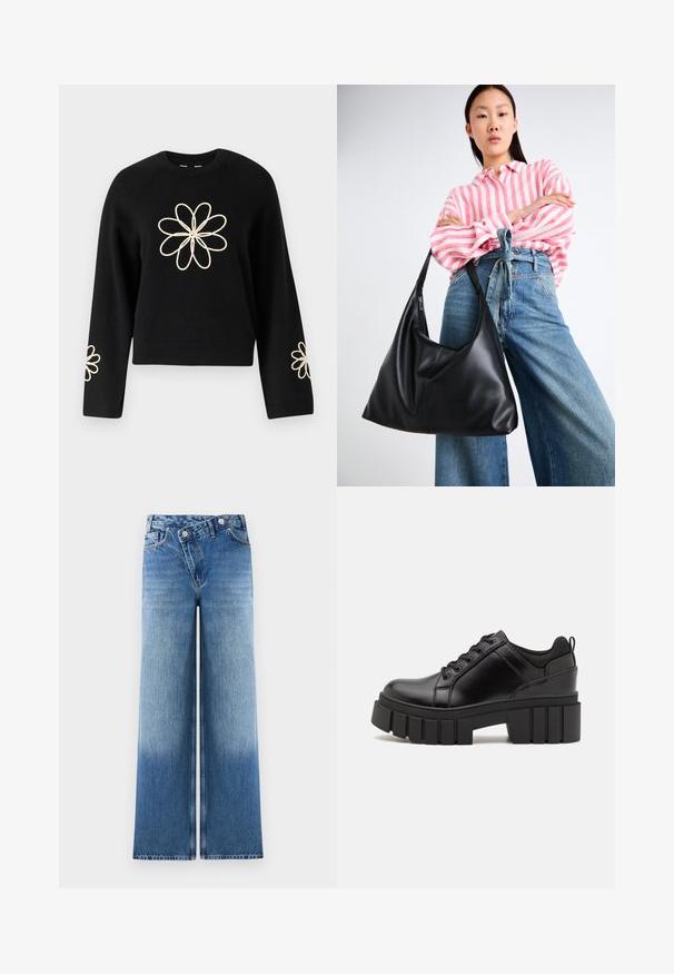 Pull noir à manches longues, équipé d'une grande broderie de fleurs crème sur la poitrine et de fleurs plus petites sur chaque manche. Texture douce.; Jean large bleu clair avec un délavage, présentant un design classique à cinq poches et des accents en métal au niveau de la taille.; Chaussures à plateforme en cuir noir avec un talon bloc épais, bout rond et un design traditionnel à lacets. Elles présentent une texture lisse et un détail minimal.; Sac à épaule en cuir noir avec une forme décontractée et des détails de couture. Le modèle porte une chemise rayée rose et blanche avec un jean bleu à jambes larges.
