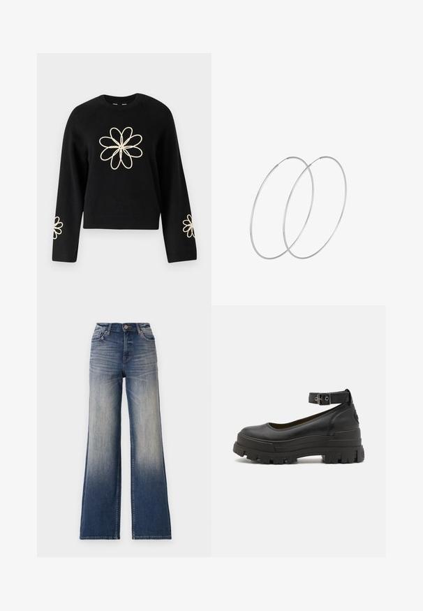 Črna pulover z dolgimi rokavi, okrašen z velikim kremnim cvetličnim vezenjem na prsih in manjšimi cvetovi na vsakem rokavu. Mehak material.; Trenutno visoke široke hlače iz svetlo do temno modrega jeansa z izblidimi notranjostmi, z gumbom za zapiranje in zankami za pas. Čist rob in brez vidnih okrasnih elementov.; Buffalo ASPHA - Čevlji s platformo in peto - black; Srebrne uhane v obliki obroča z minimalističnim dizajnom. Krožna oblika, gladka tekstura in tanek profil. Lahki s poliranim zaključkom.