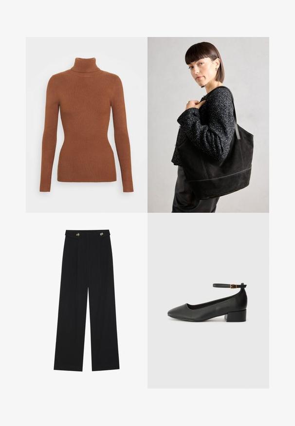 Anna Field Camisola - brown; Calças largas pretas com cintura alta, detalhes em botão na cintura e pregas frontais.; Sandal de pele preta com bico pontiagudo e um salto bloco baixo. Apresenta uma tira no tornozelo com uma fivela em tom dourado. Textura suave.; Bolsa tote preta de camurça com uma textura suave, forma estruturada e costura contrastante. Possui alças longas para ser transportada ao ombro.