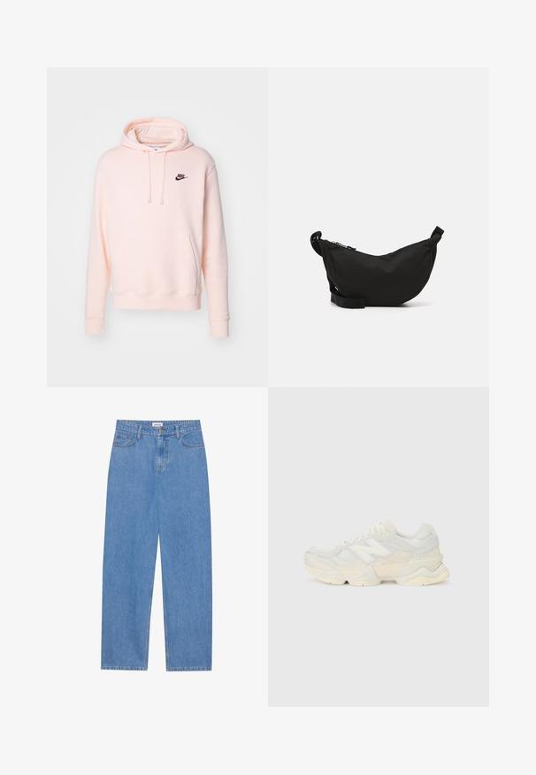 Nike Sportswear CLUB HOODIE - Majica s kapuljačom - washed coral; Svijetloplave traperice ravnog kroja, s dizajnom od pet džepova, zatvorenjem na jedan gumb i suptilnim detaljima šivanja na šavovima.; Lagana tenisica s gornjim dijelom od mrežice i antilopa u blagim krem tonovima, srobustnom potplatom i trodimenzionalnim detaljima.; Crni crossbody torba izrađena od tkanine, zakrivljenog oblika, s patentnim zatvaračem, podesivim remenom i malim bočnim džepom za dodatnu pohranu.