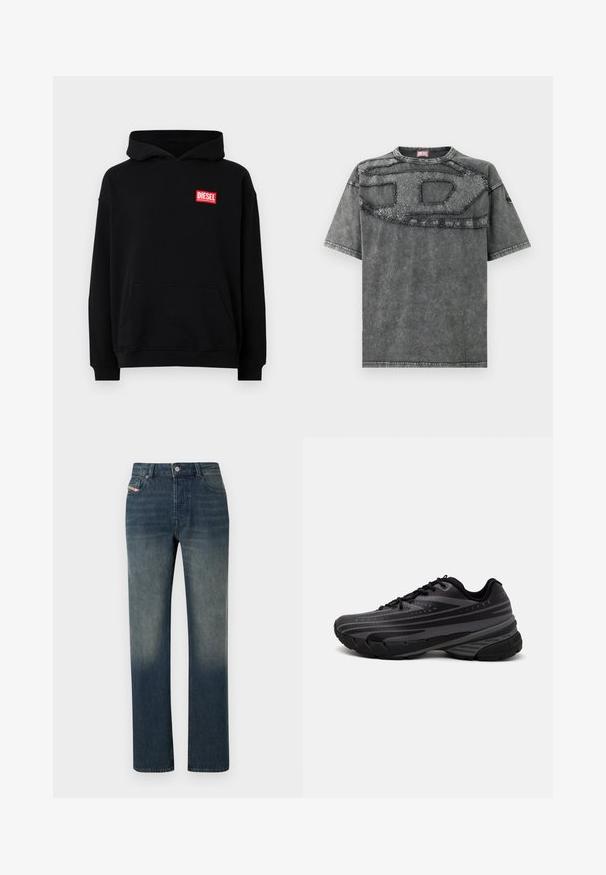 Svart hettegenser med frontlomme, med en rød rektangulær "DIESEL" logo. Laget av mykt stoff med ribbestrikkede mansjetter.; Grå denim T-skjorte med korte ermer, med et strukturert lapptrekksdesign over brystet og subtile, slitte detaljer på stoffet.; Blå denim jeans med rette ben, falmet vask, knapp- og glidelåslukking foran, og fem-lommer design.; Svarte joggesko med en teksturert overdel som har grå striper. Tykk såle for demping, rund tå og flate snører for en sikker passform.