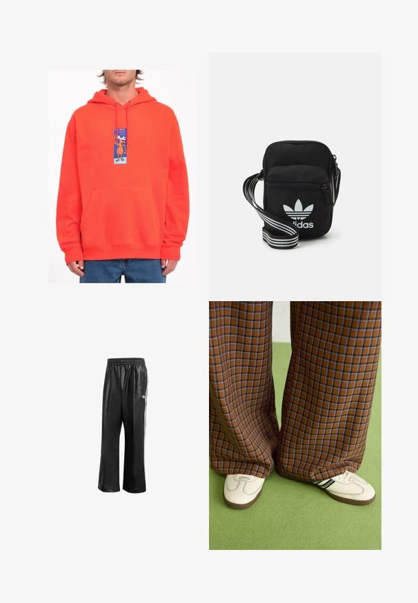 Un sweat à capuche orange avec une poche kangourou à l'avant, présentant une étiquette graphique bleue d'un élan en cartoon disant "moose out of life". Texture tricotée en machine.; Pantalons de sport synthétiques noirs avec une taille élastique, dotés de rayures blanches sur les côtés et d'un petit logo blanc sur la hanche gauche.; Un pantalon large à carreaux marron et bleu associé à des chaussures blanches avec des accents noirs et des semelles texturées, le tout sur fond vert.; Sac bandoulière noir en tissu avec fermeture éclair, arborant un logo Adidas blanc et une sangle réglable rayée pour un port facile.