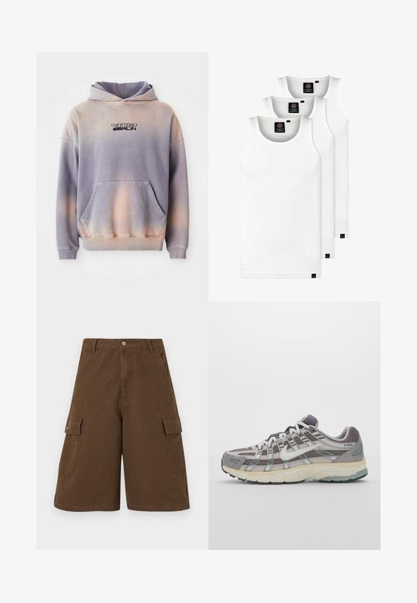 Felpa con cappuccio in gradiente viola e pesca, realizzata in tessuto morbido. Presenta una tasca frontale e dettagli con il logo neri sul petto.; Tre canotte bianche a coste in cotone. Presentano un colletto rotondo e piccole etichette nere vicino all'orlo. Disponibile in diverse taglie.; Pantaloni cargo marroni con taglio dritto, due tasche laterali e chiusura frontale con bottone. Realizzati in resistente tessuto di cotone con finitura opaca.; Scarpa sportiva grigia con tomaia in mesh e suede, dettagli bianchi, suola ammortizzata e un design distintivo con elementi riflettenti.