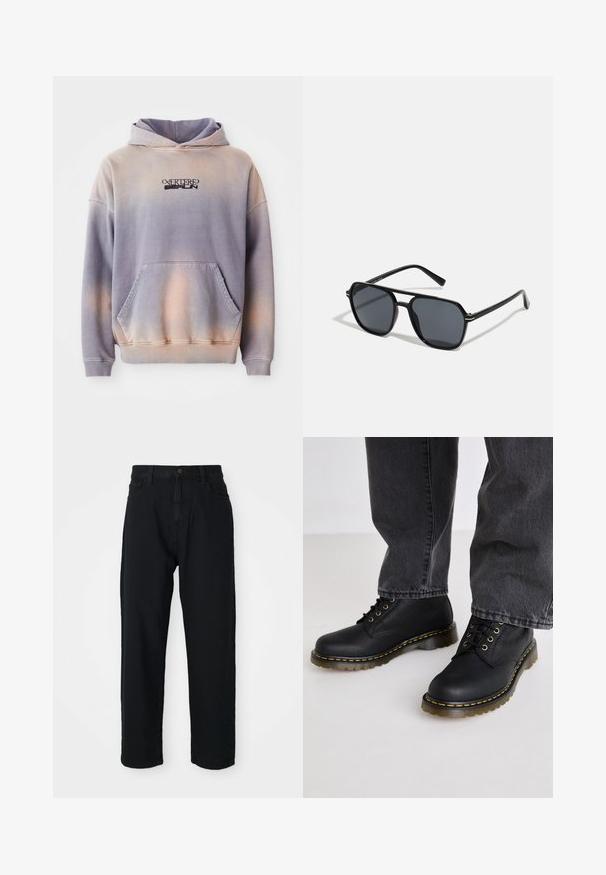 Sweatshirt com capuz em degradê roxo e pêssego, feito de tecido macio. Apresenta um bolso frontal e detalhes do logótipo em preto no peito.; Calças de ganga pretas com corte reto. Apresentam um design clássico de cinco bolsos, fecho com botão e uma textura de tecido subtil.; Botas pretas de couro com atacadores, acabamento texturizado, sola de borracha grossa e costuras amarelas, combinadas com calças de ganga cinzentas.; Óculos de sol pretos com armação octogonal, lentes escuras, acabamento brilhante, hastes finas e detalhes em dourado na parte frontal.