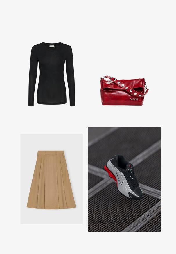 Juodas ilgas rankovėmis viršus, pagamintas iš lengvo, permatomo audinio. Turi apvalų iškirpimą ir prigludusią siluetą su tiesiu apačiu.; Kelio ilgumo, rengimo sijonas šviesiai rudos spalvos medvilnės, su prigludusia juosta ir diržo kilpomis, bei tiesiu apatine dalimi.; Juoda ir pilka sportinė avalynė su raudonu paminkštintu padu, juodais raišteliais ir swoosh logotipu, gulinti ant metalinės grotelių paviršiaus.; Raudona sintetinės odos petneša su sulankstomu dangčiu, sidabriniai snapų akcentai ant diržo ir užrašas "Desigual".