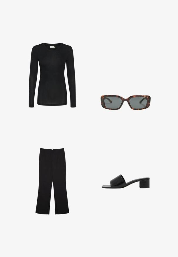 Maglietta nera a maniche lunghe realizzata in materiale leggero e trasparente. Presenta un collo tondo e una silhouette aderente con orlo dritto.; Pantaloni neri a gamba dritta, con tasche frontali e spacchi laterali all'orlo. Realizzati in tessuto morbido e liscio. Adatti a diverse occasioni.; Sandal in pelle nera open-toe con una fascia ampia e un tacco a blocco solido. Caratterizzato da una texture liscia e un design minimale.; Occhiali da sole tartaruga con lenti rettangolari, montatura spessa e lenti scure. Texture liscia e design minimalista.
