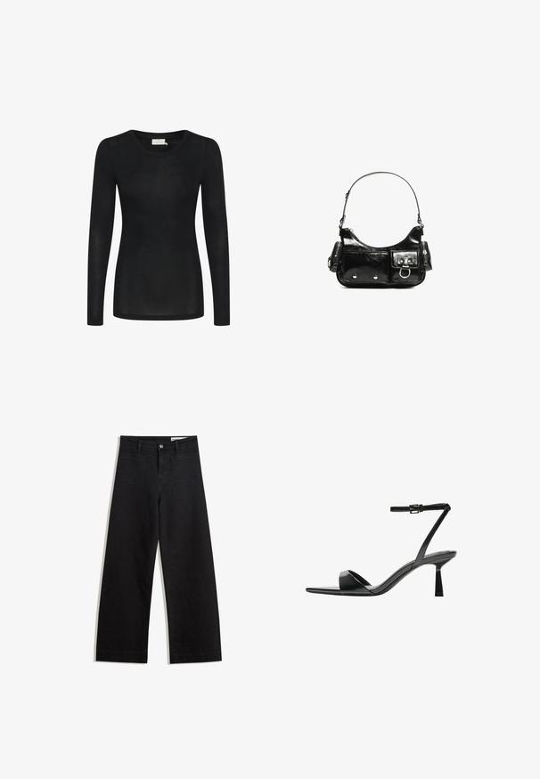 Sort langærmet top lavet af let, transparent materiale. Har en rund halsudskæring og en tætsiddende silhuet med lige kant.; Sorte wide-leg denim bukser med høj talje, der har front- og baglommer, syede sømme og en knaplukning. Glat tekstur.; Bershka Højhælede sandaletter / Højhælede sandaler - black; Sort patenteret læder håndtaske med en buet form, en skulderrem, frontlommer og hardware accenter i sølvfarve.
