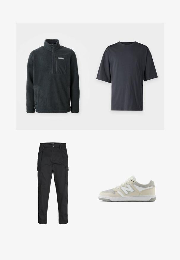 Pullover in pile grigio scuro con alto colletto, mezza zip frontale, taschino con zip sul petto e tasche laterali per le mani, prodotto da Columbia.; T-shirt corto a maniche corte di colore grigio scuro realizzato in cotone leggero, con vestibilità ampia e colletto girocollo classico, caratterizzato da una texture liscia e senza motivi.; Pantaloni cargo neri realizzati in un tessuto resistente, dotati di molteplici tasche, chiusura con bottone e un design aderente con gambe affusolate.; Sneaker in suede e pelle beige con accenti bianchi, caratterizzata da un design testurizzato, laccio frontale e logo distintivo sul lato.