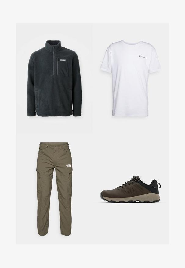 Mörkgrå fleecepullover med hög krage, halvmeterdragkedja fram, ficka med dragkedja på bröstet och sidfickor, tillverkad av Columbia.; Vit bomull t-shirt med korta ärmar, rund halsringning och en liten svart Columbia-logga tryckt på bröstet. Slät textur.; Olivgrön friluftsbukser i lätt tyg med cargofickor, dragkedjedetaljer och en logotyp på övre låret.; Bruna vattentåliga sneakers med en strukturerad ovandel, perforerade detaljer, svart hälstöd och en grå gummisula. Snörningen har metalliska ändar.