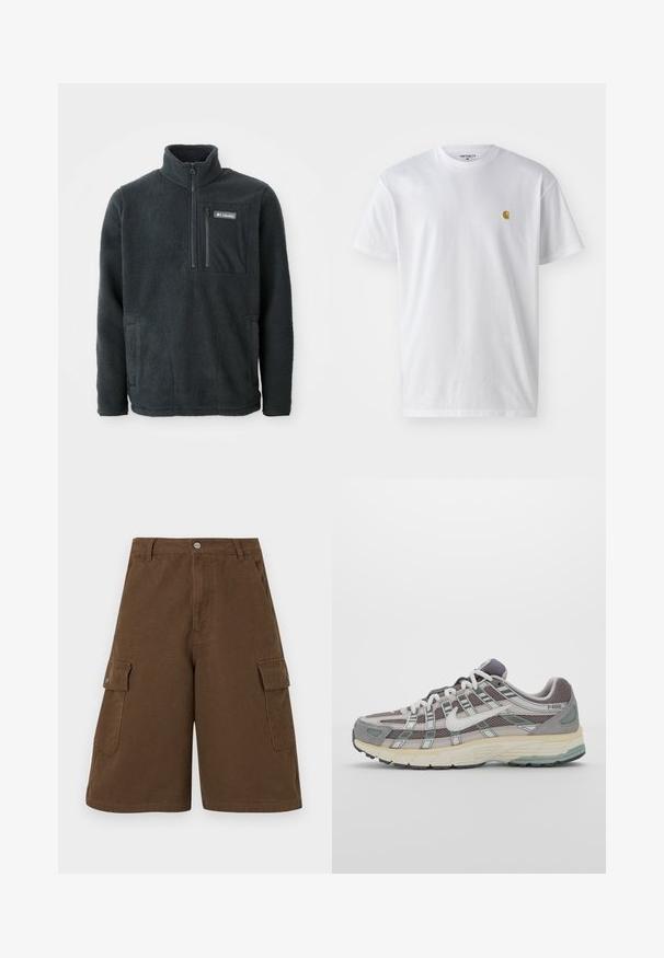 Temno siva flis pulover s visokim ovratnikom, polovičnim zadrgo spredaj, žepom na prsih z zadrgo in stranskima žepoma za roke, izdelan s strani Columbia.; Bela bombažna majica s kratkimi rokavi, krožnim ovratnikom, z majhnim zlatim logotipom na levem prsnem predelu. Mehka tekstura in običajen kroj.; Rjave cargo kratke hlače z ravnim krojem, dvema stranskima žepoma in sprednjim gumbom. Narejene iz trpežnega bombažnega materiala z mat končno obdelavo.; Sive športne čevlje z zgornjim delom iz mrežastega in semiš materiala, belimi akcenti, oblazinjenim podplatom ter edinstvenim dizajnom z odsevnimi elementi.