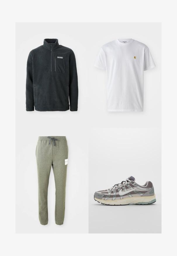 Tumehall villane pullover kõrge krae, pool tõmblukuga esifaas, tõmblukuga rinnaTasku ja küljetaskud, valmistanud Columbia.; Valge puuvillane t-särk lühikeste varrukatega, ümmargune kaelus, millel on väike kuldne logo vasakul rinnal. Pehme tekstuur ja regulaarne lõike.; Helehallid kitsenevad treeningpüksid elastse vöökoha, tõmbluku, külgmiste taskute, pahkluu mansettide ja väikese valge brändi sildiga paremal reiel.; Hallus hallitus jalanõud, millel on võrgust ja sametist ülemine osa, valged rõhutused, pehme tald ning eristuv disain peegelduvate elementidega.