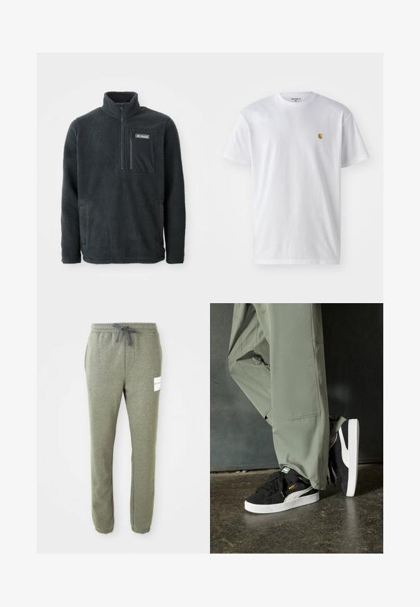 Tamsiai pilkas fliso megztinis su aukštu apykakle, pusiau užtrauktuku priekyje, užtrauktuku užsegama krūtinės kišene ir šoninėmis rankų kišenėmis, pagamintas Columbia.; Balta medvilnės marškinėliai su trumpomis rankovėmis, apvalia iškirpte, kuriuose kairėje krūtinės pusėje yra mažas auksinis logotipas. Minkšta tekstūra ir reguliari forma.; Šviesiai pilkos, siaurinančios sportinės kelnės su elastingu juosmeniu, raišteliu, šoninėmis kišenėmis, kulkšnies raišteliais ir maža balta prekės ženklo etikete dešinėje šlaunyje.; Juodi suede sportbačiai su baltais guminiais padais ir šoninėmis juostelėmis, derinami su šviesiai žaliais kargo kelnais, stovintys ant tekstūruoto tamsaus paviršiaus.