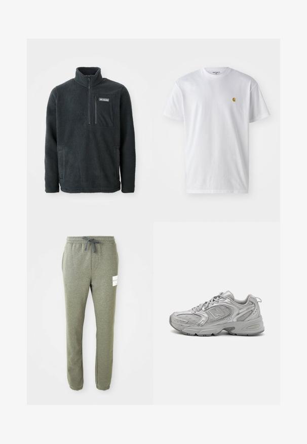 Temno siva flis pulover s visokim ovratnikom, polovičnim zadrgo spredaj, žepom na prsih z zadrgo in stranskima žepoma za roke, izdelan s strani Columbia.; Bela bombažna majica s kratkimi rokavi, krožnim ovratnikom, z majhnim zlatim logotipom na levem prsnem predelu. Mehka tekstura in običajen kroj.; Svetlo siva taperirana trenirka z elastičnim pasom, vrvico, stranskimi žepe, zaprtjem na gležnjih in majhnim belem logotipom blagovne znamke na desni stegenski področju.; Srebrna športna copata z elegantnim dizajnom, mrežnimi paneli, oblazinjenim jezikom, teksturirano sintetično zgornjim delom in gumijastim podplatom za oprijem.