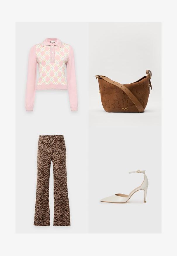 Paul & Joe Pulover - rose; Pantaloni largi cu imprimeu leopard în nuanțe de bej și negru, având o textură netedă și un tiv conic. Design cu talie standard și buzunare.; Pantofii înalți din piele albă, cu vârf ascuțit, curea la gleznă și toc subțire de tip stiletto. Textură netedă cu un finisaj subtil lucios.; Geantă de umăr din suede maro cu un design floral embosat, completată de o curea din piele maro netedă și accente din metal auriu.