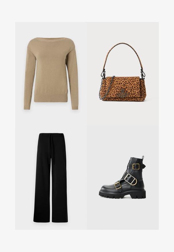 Beige knitted sweater with a wide neckline, long sleeves, and ribbed cuffs and hem. Smooth texture and even stitching throughout.; Wide-leg black trousers made from soft fabric, featuring a drawstring waist, smooth texture, and no visible pockets or patterns.; Black leather ankle boot with chunky sole, featuring multiple straps and gold hardware accents. Smooth texture, rugged design.; Leopard print handbag made of suede with a short handle, a chain strap, and a black hardware clasp. Rectangular shape with a flap closure.