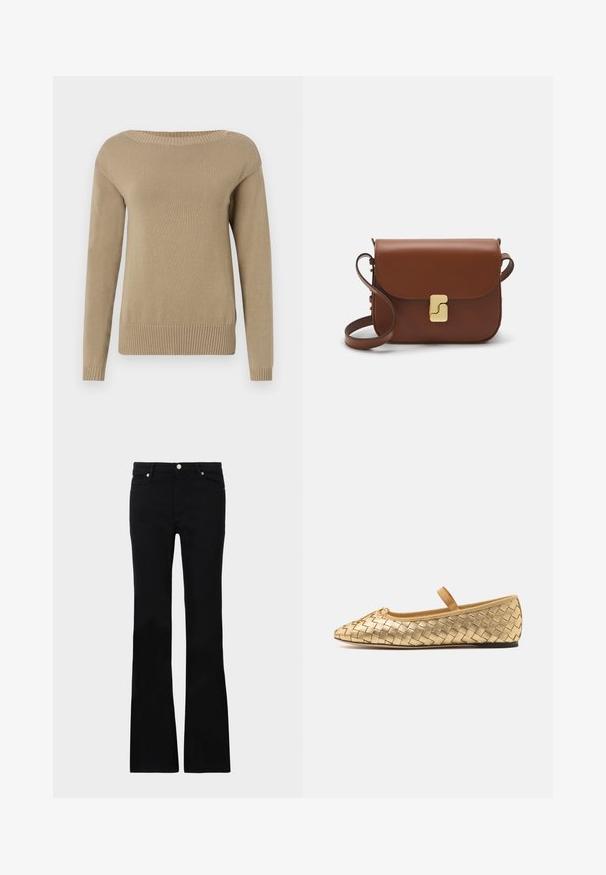Beige knitted sweater with a wide neckline, long sleeves, and ribbed cuffs and hem. Smooth texture and even stitching throughout.; Black flared jeans made of denim, featuring two front pockets, a button closure, and a smooth texture. Signature stitching visible at seams.; Loeffler Randall LEONIE SOFT BALLET FLAT - Ankle strap ballet pumps - gold; Brown leather handbag with a flap closure, gold-tone hardware, a shoulder strap, and a smooth texture. Compact rectangular shape.