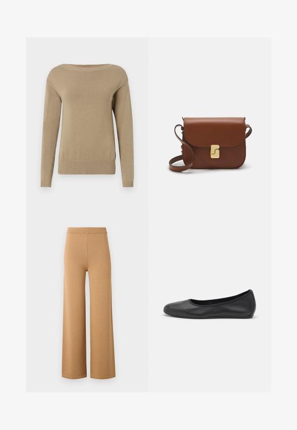 Suéter de malha bege com um decote amplo, mangas longas e punhos e bainha canelados. Textura suave e costura homogénea em toda a peça.; Calças largas, bege, feitas de um tecido macio e elástico, com uma cintura alta elástica e costuras limpas e simples.; Bailarina preta em pele com bico arredondado, textura suave, detalhe de costura minimalista e design de sola flexível.; Bolsa de couro castanho com fecho de aba, decoração em tom dourado, alça de ombro e textura suave. Formato retangular compacto.