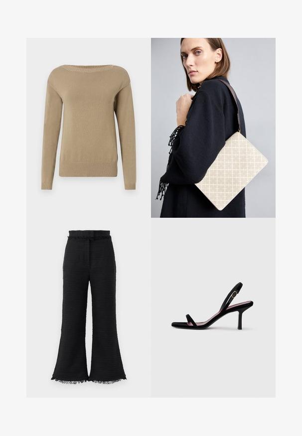 Beeži kudumitega sviiter, mis omab laia kaelust, pikki varrukaid ning soonikkoes varruka- ja alumisi ääriseid. Sile tekstuur ja ühtlane õmblus kogu ulatuses.; Mustad laiad püksid tekstuurse kanga, harustatud äärte ja elastse vöökohtaga. Disainil on sile viimistlus ja mugav lõige.; Mustmust naiste kõrge kontsaga sandaalid mustast nahast kitsaste rihmadega ja kullavärvi pandlaga valgel taustal, külgvaade.; Beez värviga mustriga õlakott, millel on struktureeritud kuju ja pruuni tekstuuriga rihm. Kandnud mudel halli tausta ees.