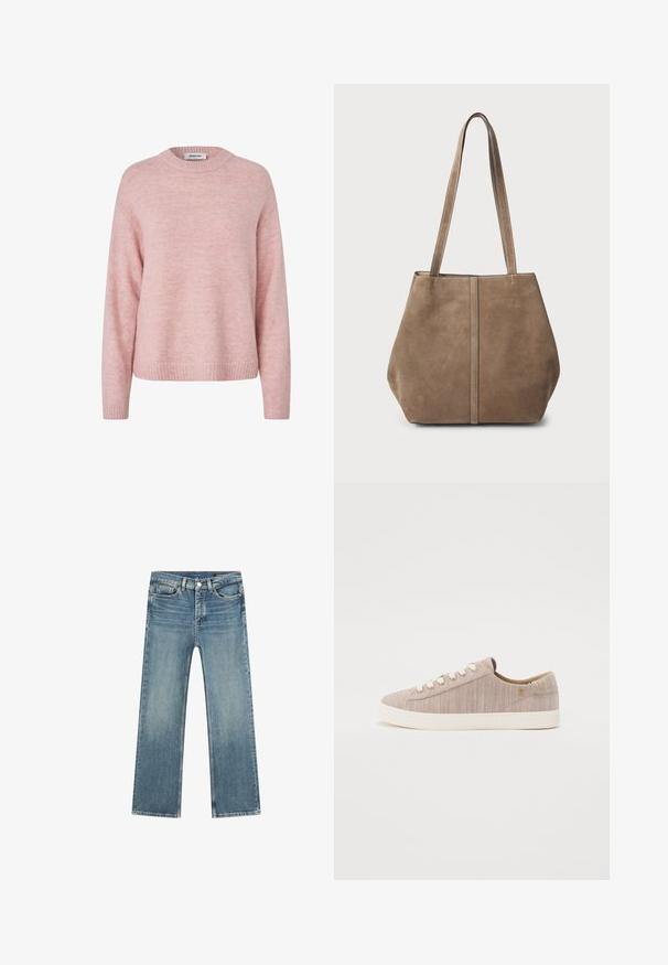 Jasnoróżowy sweter dzianinowy z okrągłym dekoltem, ściągaczami na mankietach i u dołu. Miękka tekstura o lekko puszystym wyglądzie i luźnym kroju.; Jasnoniebieskie dżinsy z prostym krojem, pięcioma kieszeniami i kontrastowym przeszyciem. Zawierają zamek błyskawiczny i metalowy guzik.; Jasno-beżowy płócienny sneaker z teksturową powierzchnią, okrągłym noskiem, białymi oczkami i kremową gumową podeszwą. Minimalistyczny design z subtelnymi akcentami.; Brązowa torebka tote z zamszu z dwiema długimi rączkami, pionowym szwem z przodu i miękką fakturą. Przestronny design odpowiedni do codziennego użytku.