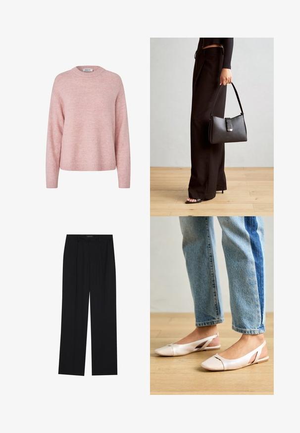 Light pink knit sweater with a round neckline, ribbed cuffs, and hem. Soft texture with a slightly fuzzy appearance and loose fit.; Black trousers with a straight-leg design, featuring two front pockets and a waistband. Made from a smooth, lightweight fabric.; Pale pink slingback flats with a pointed toe, made from a smooth leather-like material. Features cut-out details at the sides and a flat heel.; Black handbag with structured shape, smooth texture, and a metallic clasp. Paired with wide black pants and open-toe sandals on wooden floor.