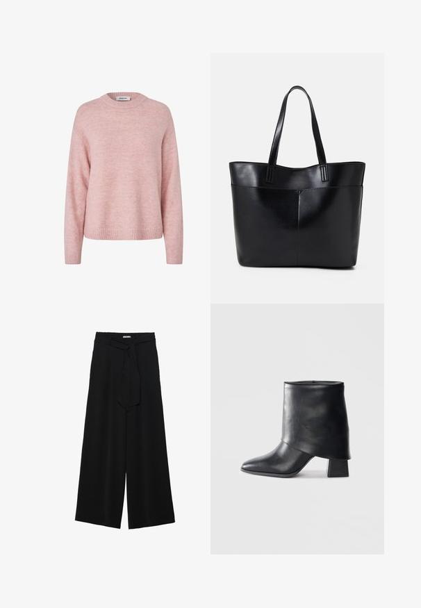 Gaiši rozā adīta džemperis ar apaļu kakla izgriezumu, ribotām aprocēm un apakšu. Mīksts tekstūra ar nedaudz pūkainu izskatu un brīvu piegriezumu.; Melni platleņķa bikses ar teksturētu audumu, elastīgu jostu un noņemamu siksnu viduklī, kas nodrošina regulējamu piegulšanu.; Melnas ādas potītes zābaki ar norādītu purngalu, gludu tekstūru un strukturētu blokveida papēdi. Iezīmē augstu, salocītu apkakles dizainu.; Melnas ādas iepirkumu soma ar divām garām rokturām, gludu tekstūru un strukturētu formu. Iekļauj priekšējo kabatu papildu uzglabāšanai.