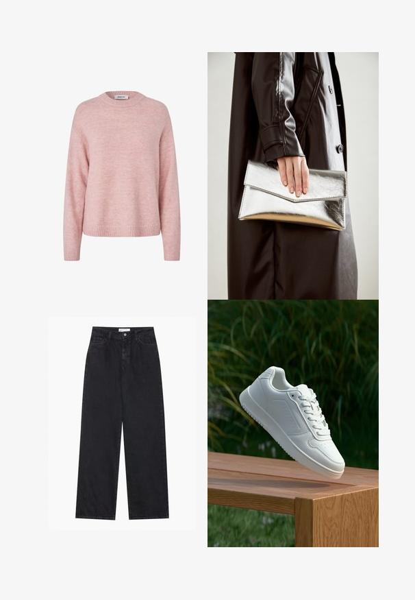 Light pink knit sweater with a round neckline, ribbed cuffs, and hem. Soft texture with a slightly fuzzy appearance and loose fit.; Black high-waist wide-leg denim jeans with front button and zip closure, belt loops, and five-pocket styling.; White sneaker with a smooth synthetic upper, perforated toe box, flat laces, and a textured sole, displayed on a wooden surface.; Silver metallic clutch with an angular envelope design, smooth texture, and contrasting interior color, held in a hand wearing a black coat.