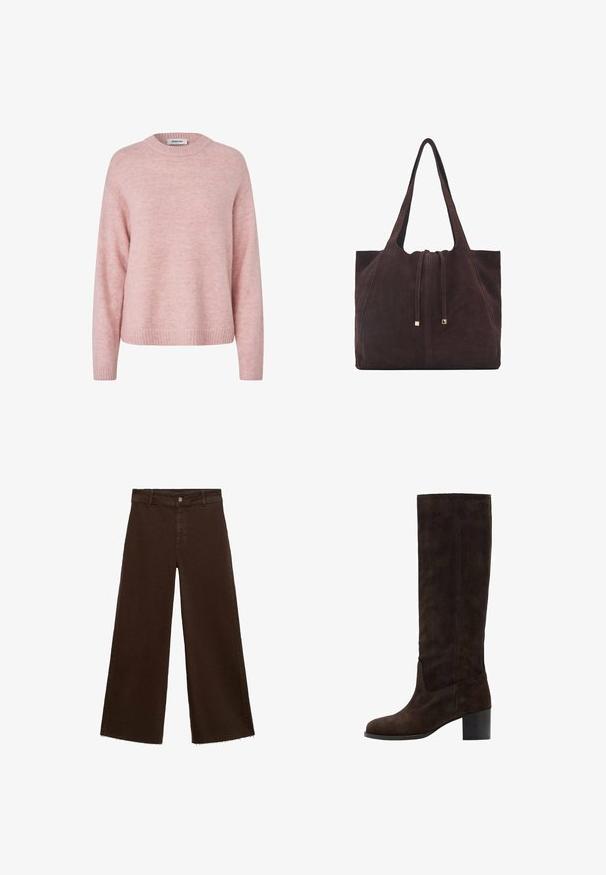 Maglione a maglia rosa chiaro con scollo rotondo, polsini e orlo a coste. Texture morbida con un aspetto leggermente peloso e vestibilità ampia.; Pantaloni larghi marroni in misto cotone, caratterizzati da orlo sfrangiato, chiusura frontale con bottone e classico design a cinque tasche. Minimalisti e versatili.; Stivale marrone in suede alto fino al ginocchio con punta quadrata e tacco a blocco. Texture liscia e dettagli di cucitura minimalisti sul lato esterno.; Mango Shopping bag - dark brown