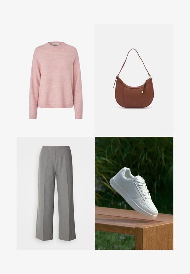 Svetloružový pletený sveter s okrúhlym výstrihom, rebrovanými manžetami a spodným lemom. Mäkká textúra s jemne chlpatým vzhľadom a voľným strihom.; Sivé upravené nohavice s voľným strihom a hladkou textúrou, s plochým predným dielom a ostrými skladmi na každej nohe.; Biele tenisky s hladkým syntetickým zvrškom, perforovanou špičkou, plochými šnúrkami a textúrovanou podrážkou, vystavené na drevenej ploche.; Hnedá umelá kožená taška cez rameno s zakriveným tvarom, minimalistickým šitím a zlatými akcentami. Obsahuje zips na vrchu a nastaviteľný popruh.