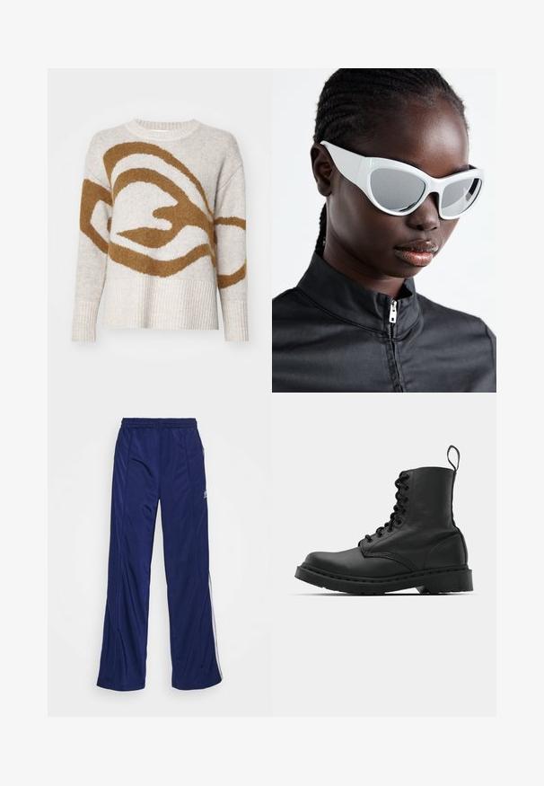 Maglione beige lavorato a maglia con un motivo astratto marrone. Presenta un orlo e polsini a coste. Realizzato in filato morbido e testurizzato. Design con collo a giro.; Pantaloni sportivi navy con vita elasticizzata, gambe diritte e cerniere laterali. Presentano piping bianco lungo i lati. Tessuto dalla consistenza liscia.; Stivale da combattimento in pelle nera con punta tonda, chiusura con lacci e linguetta alla caviglia. Presenta una suola in gomma spessa per durabilità.; Occhiali da sole bianchi con un design audace e squadrato, dotati di lenti specchiate, con montatura in plastica liscia e curve accentuate.; Orecchini a cerchio in argento con una finitura lucida, caratterizzati da un design circolare e cerniere senza soluzione di continuità, che mostrano una superficie liscia.